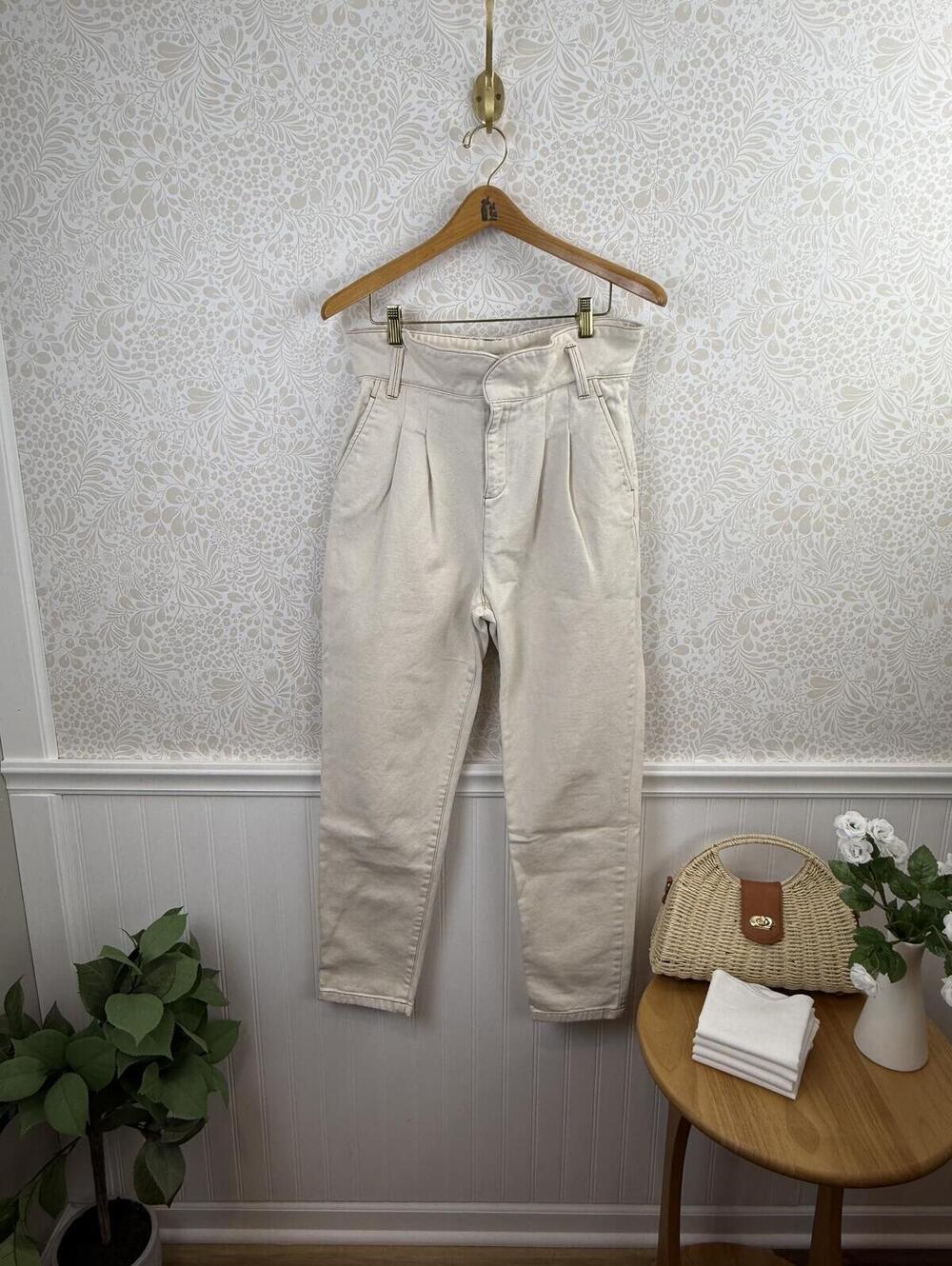 Sezane Francky Ecru Cream Peated Front Wide Band Trousers - Size - 29